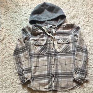 Columbia Womans Large Plaid Button Down Shirt with Gray Hood